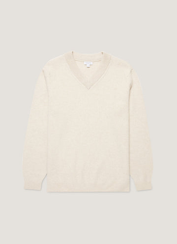 Men's Lambswool V-neck Jumper in Oatmeal Melange
