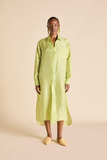 Phoebe Celery Green Shirt Dress in Linen-Silk