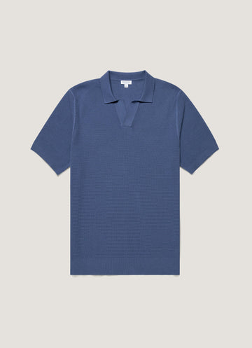 Men's Compact Mesh Knit Polo Shirt in Soft Denim