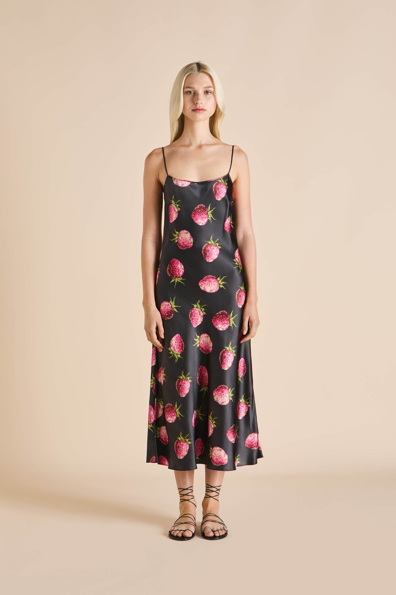 Artemis Brigham Black Strawberry Slip Dress in Silk Satin