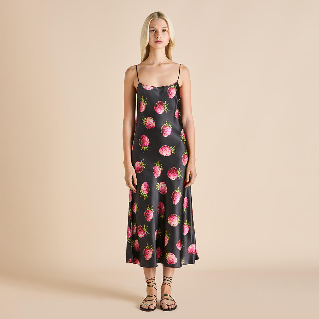 Artemis Brigham Black Strawberry Slip Dress in Silk Satin