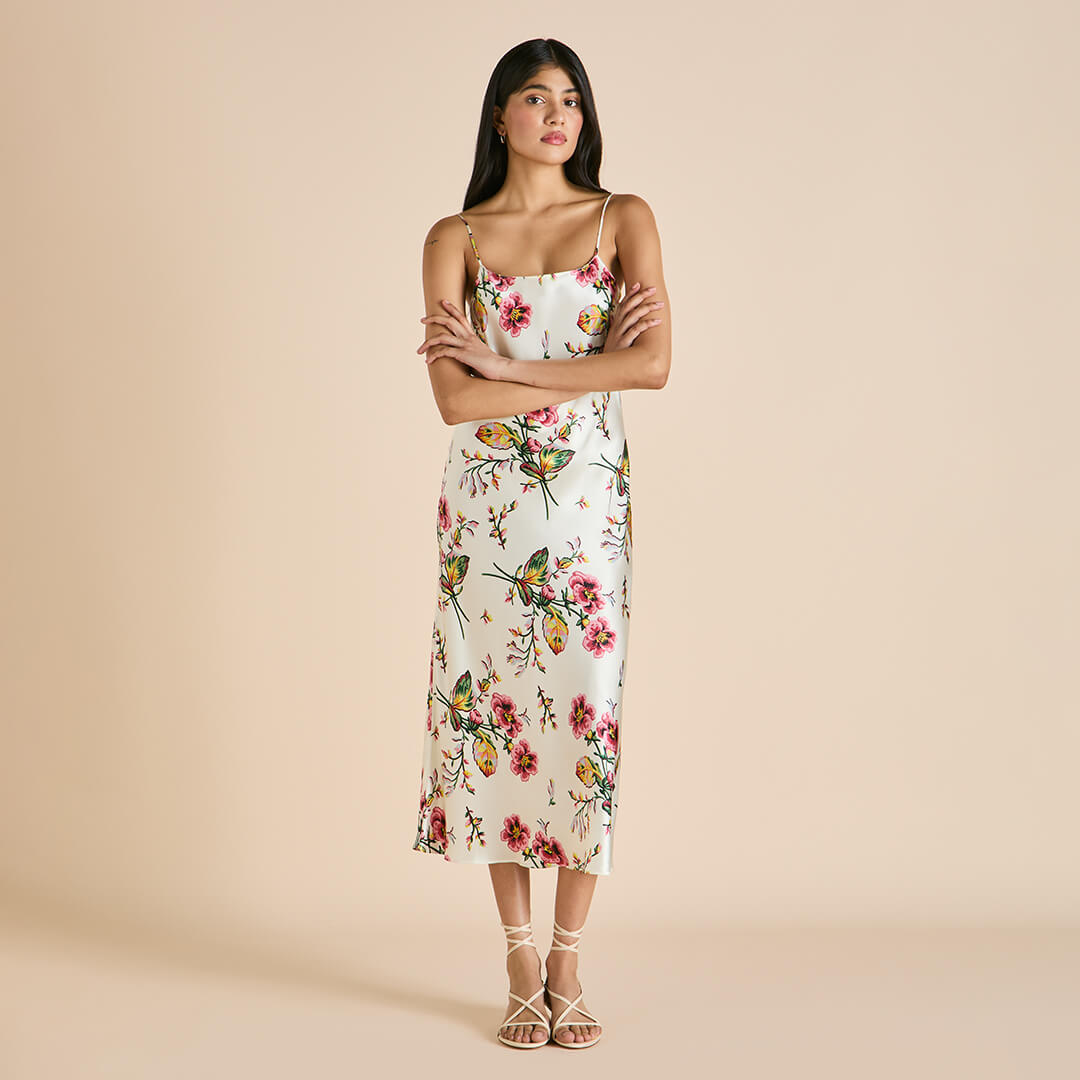 Artemis Maugham Ivory Floral Slip Dress in Silk Satin