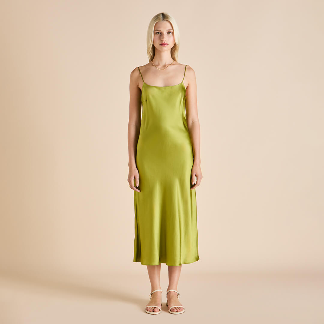 Artemis Olive Green Slip Dress in Silk Satin