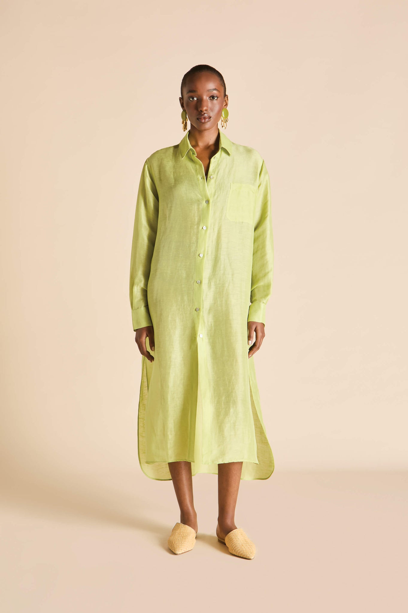Phoebe Celery Green Shirt Dress in Linen-Silk