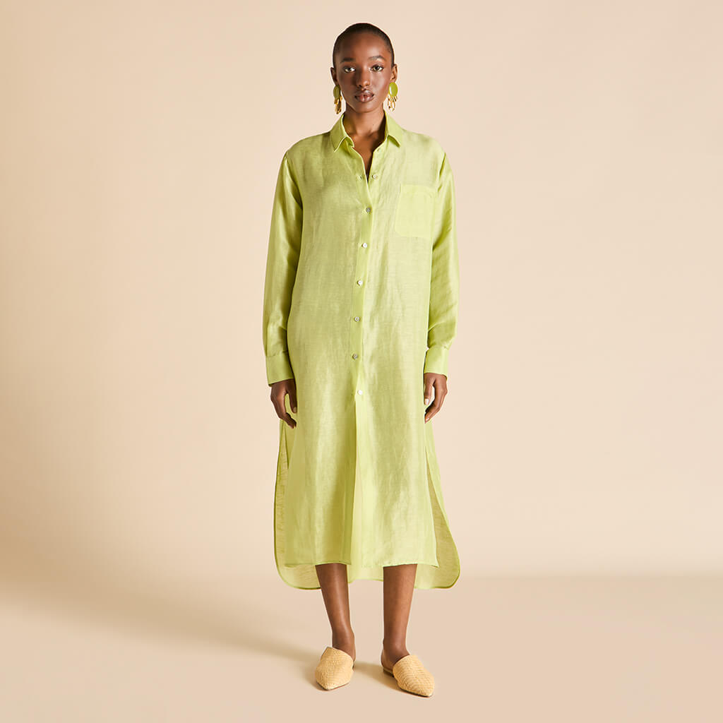 Phoebe Celery Green Shirt Dress in Linen-Silk