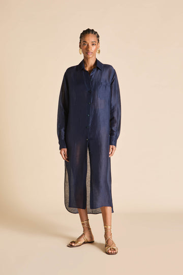 Phoebe Navy Shirt Dress in Linen-Silk