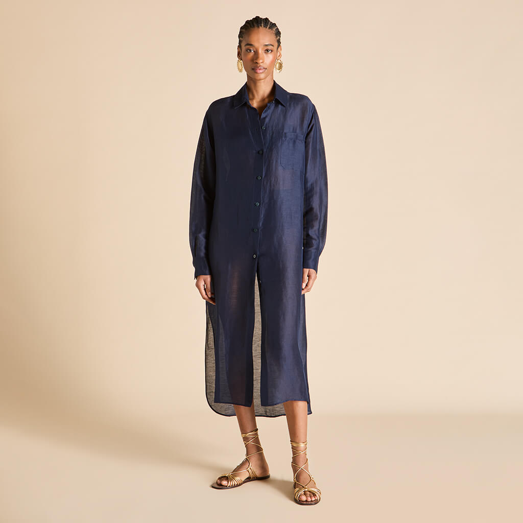 Phoebe Navy Shirt Dress in Linen-Silk