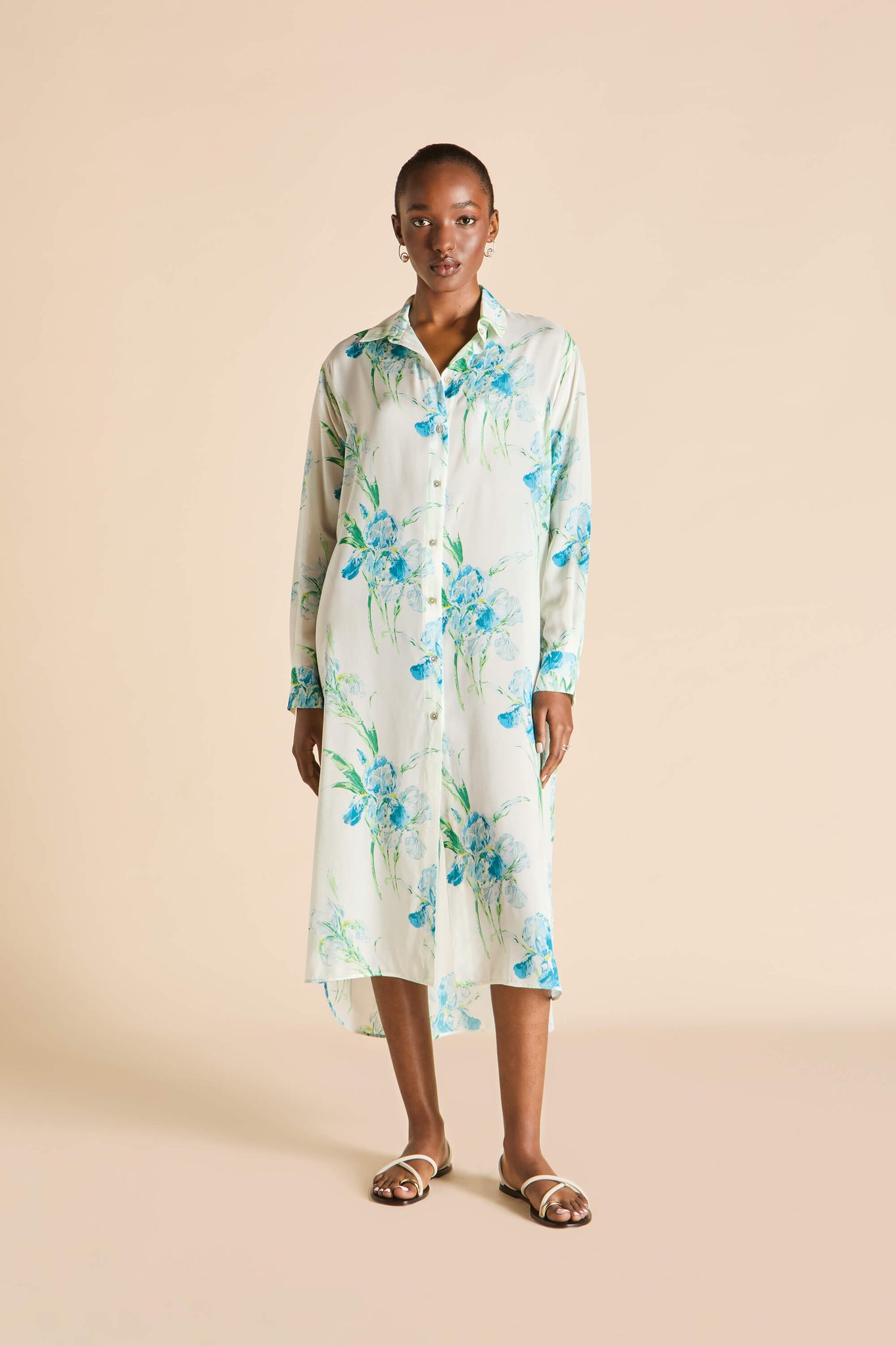 Phoebe Samphire Ivory Floral Shirt Dress in Silk-Chiffon