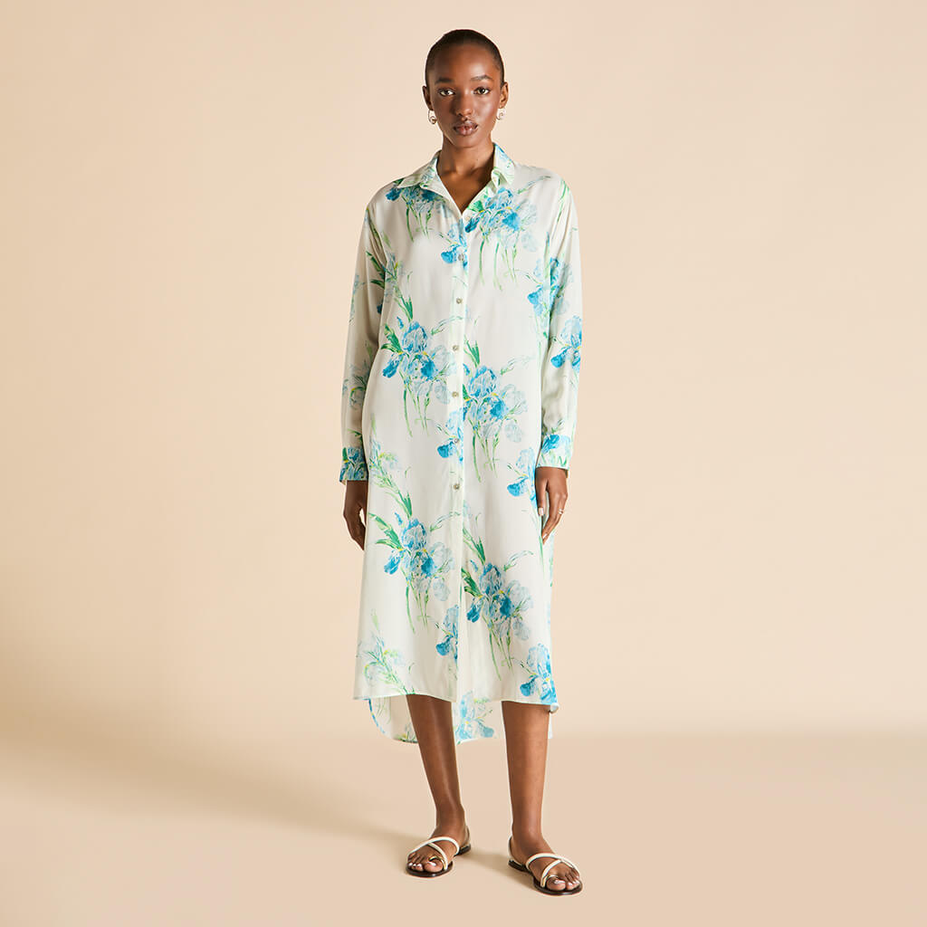 Phoebe Samphire Ivory Floral Shirt Dress in Silk-Chiffon