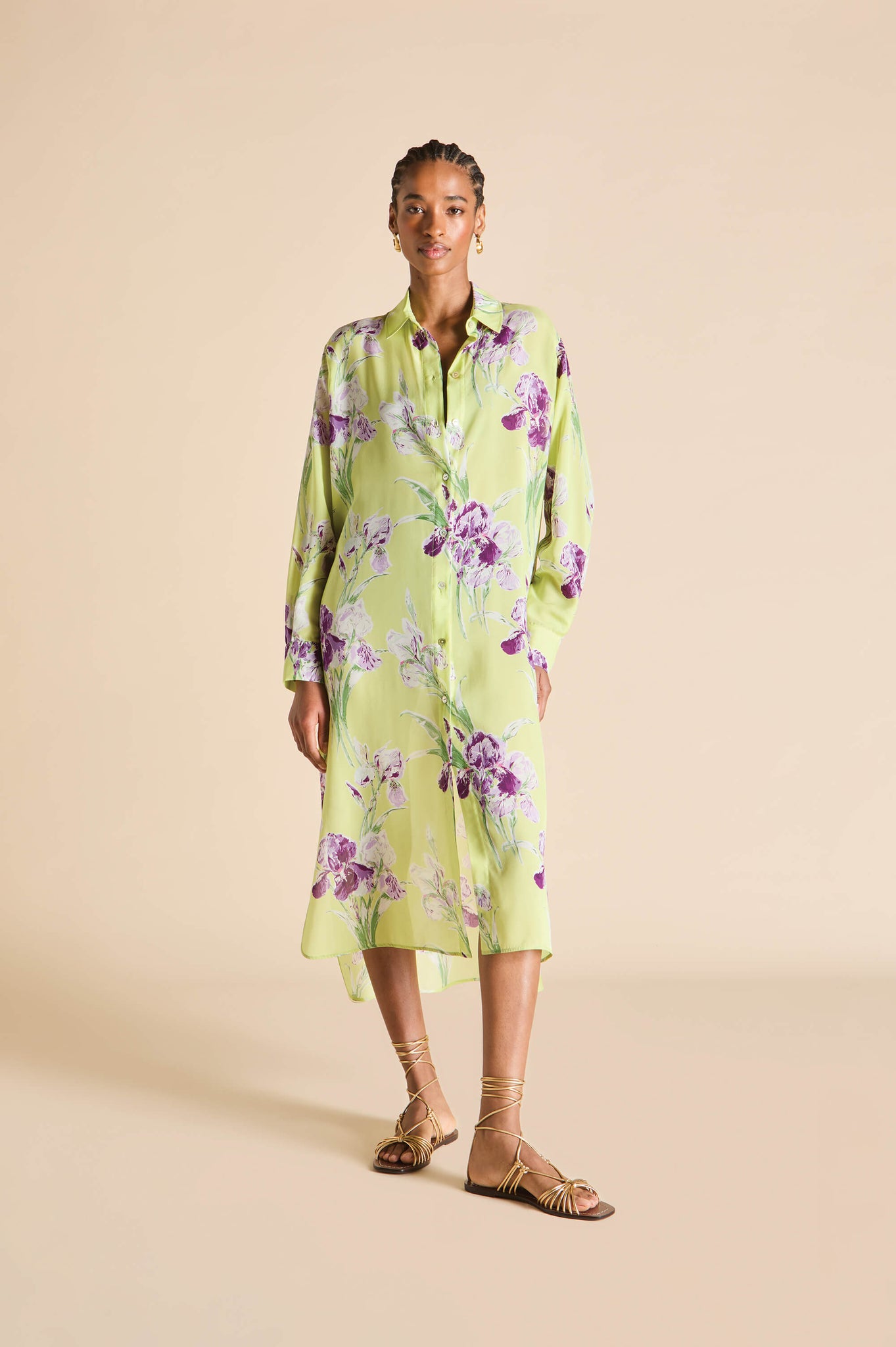 Phoebe Sundial Green Floral Shirt Dress in Silk-Chiffon