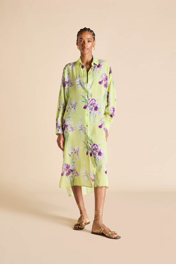 Phoebe Sundial Green Floral Shirt Dress in Silk-Chiffon