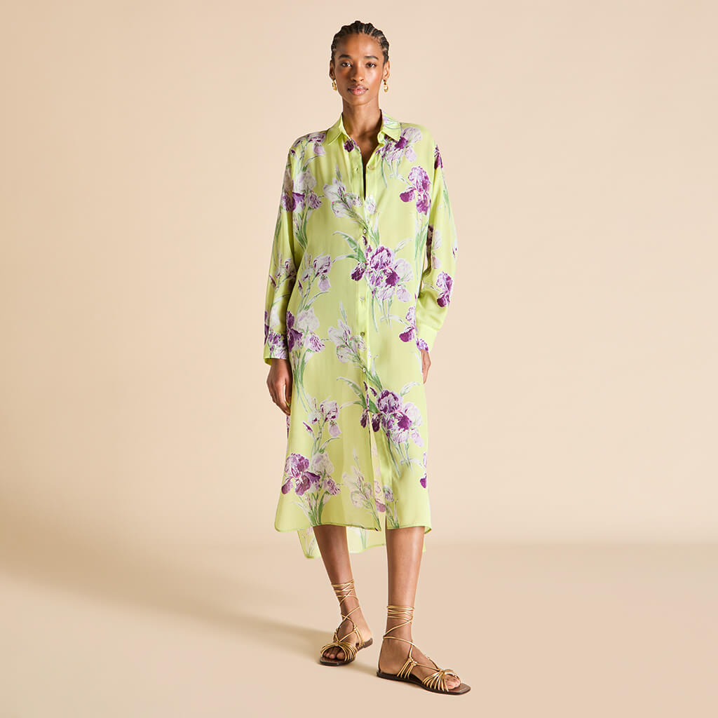 Phoebe Sundial Green Floral Shirt Dress in Silk-Chiffon