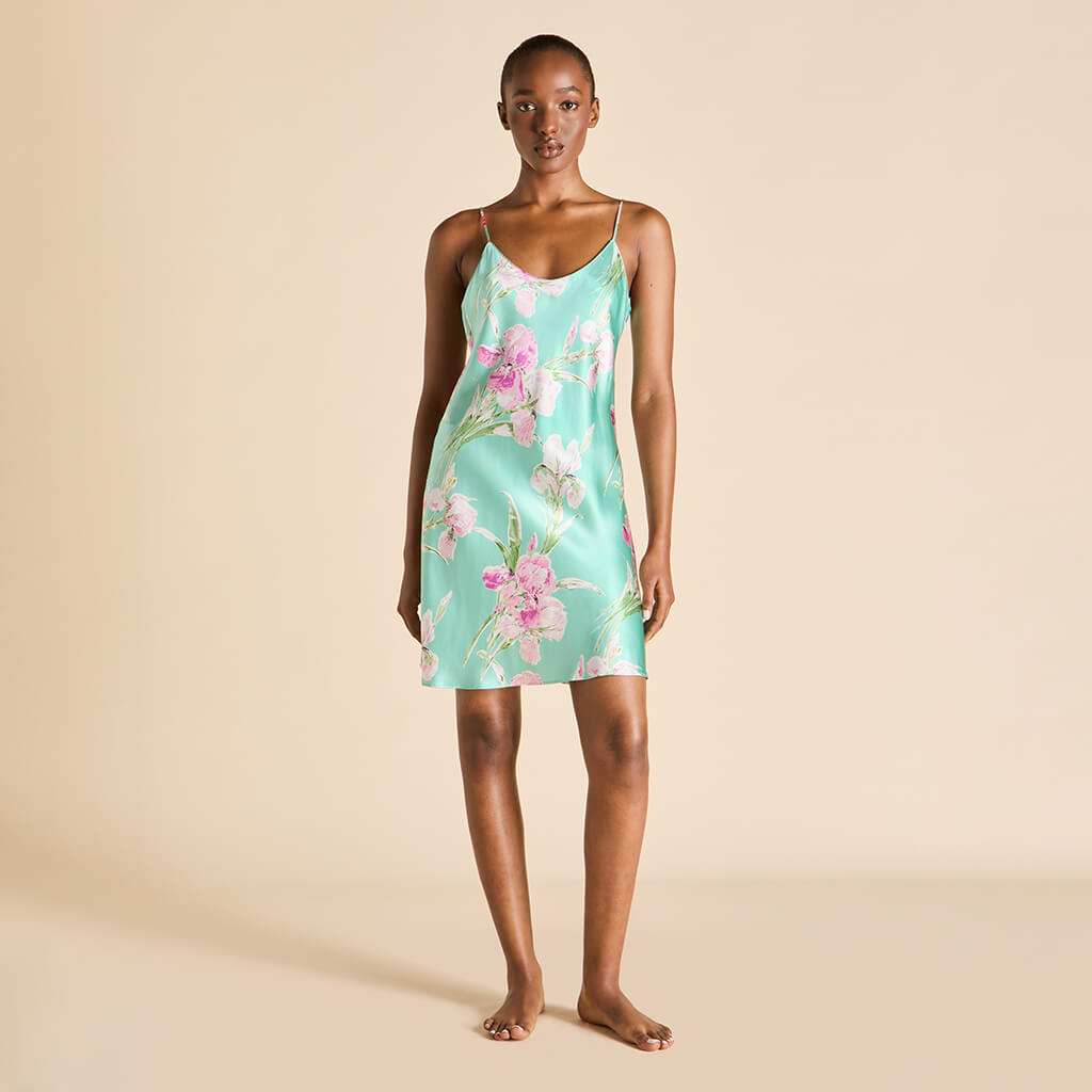 Venus Abalone Turquoise Floral Slip Dress in Silk Satin