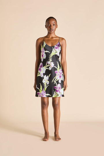 Venus Athena Black Floral Dress in Silk Satin