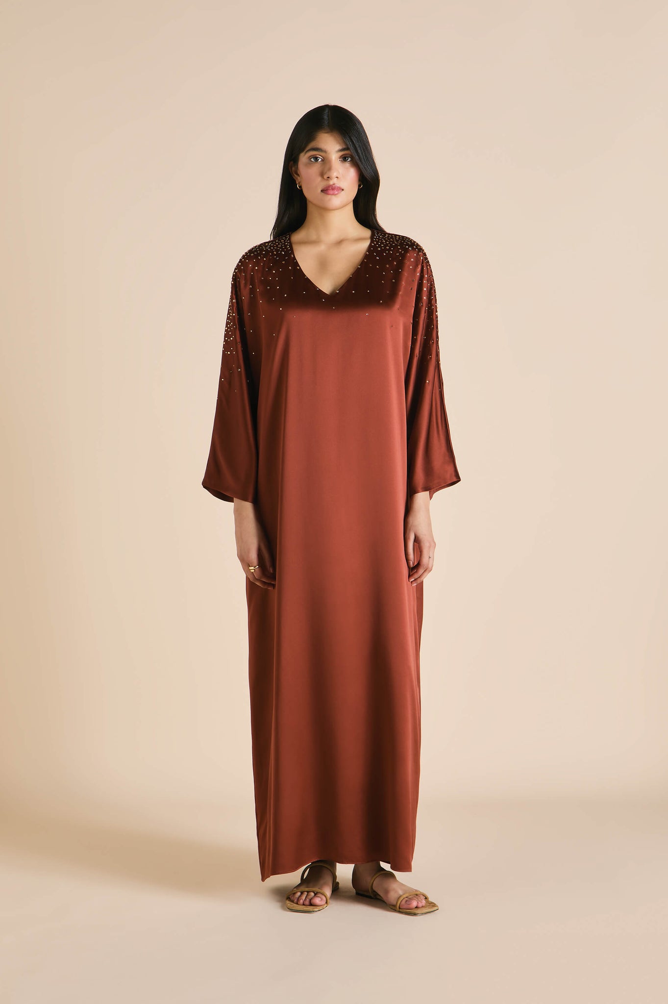Vreeland Astrid Bronze Embellished Dress in Silk Satin