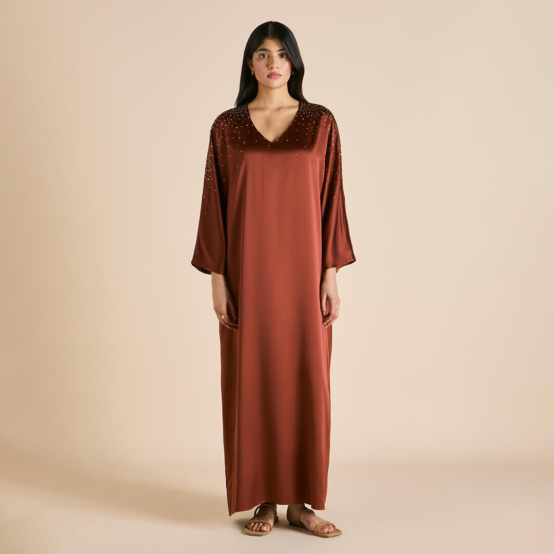 Vreeland Astrid Bronze Embellished Dress in Silk Satin