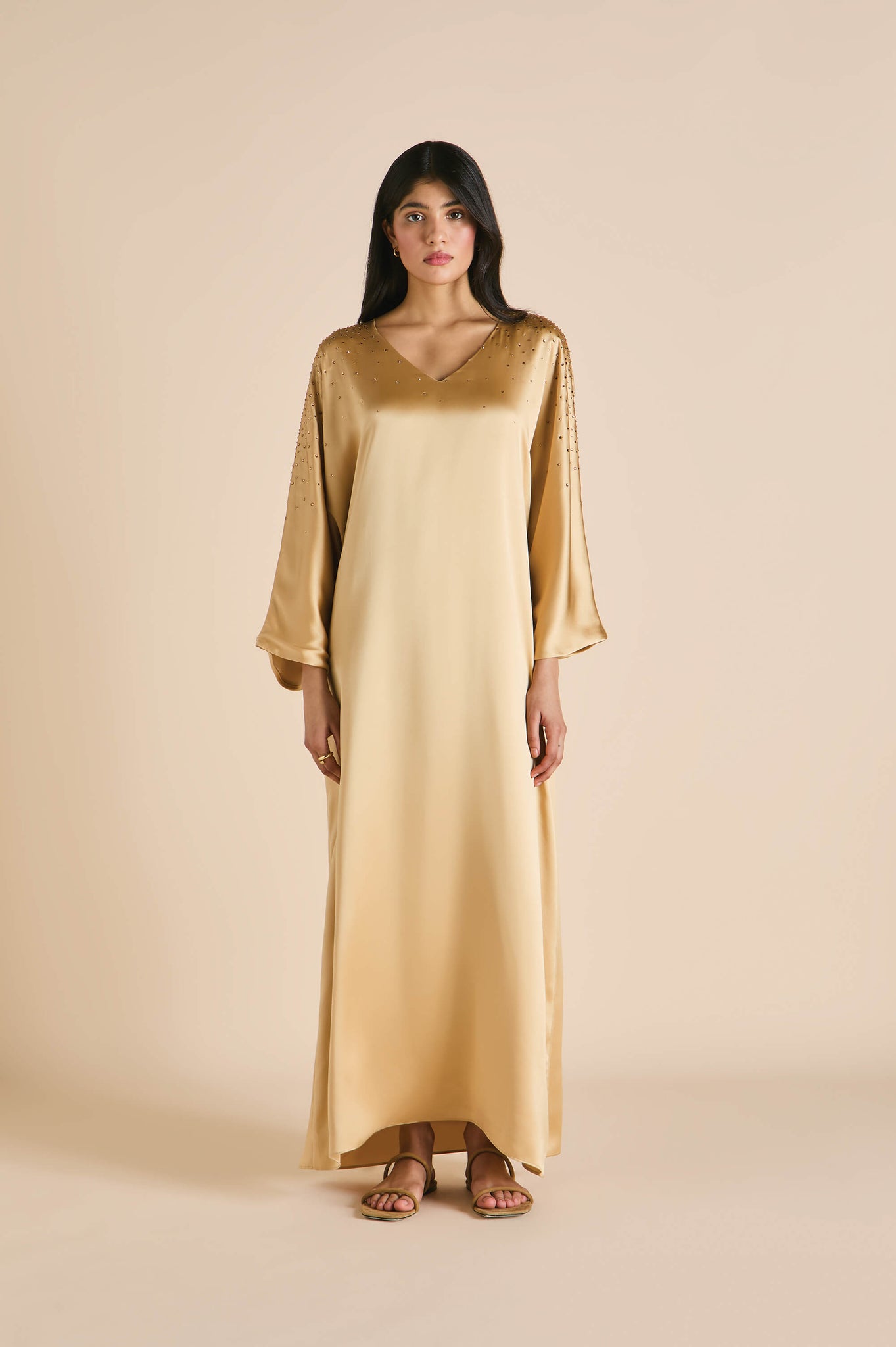 Vreeland Lune Caramel Embellished Dress in Silk Satin