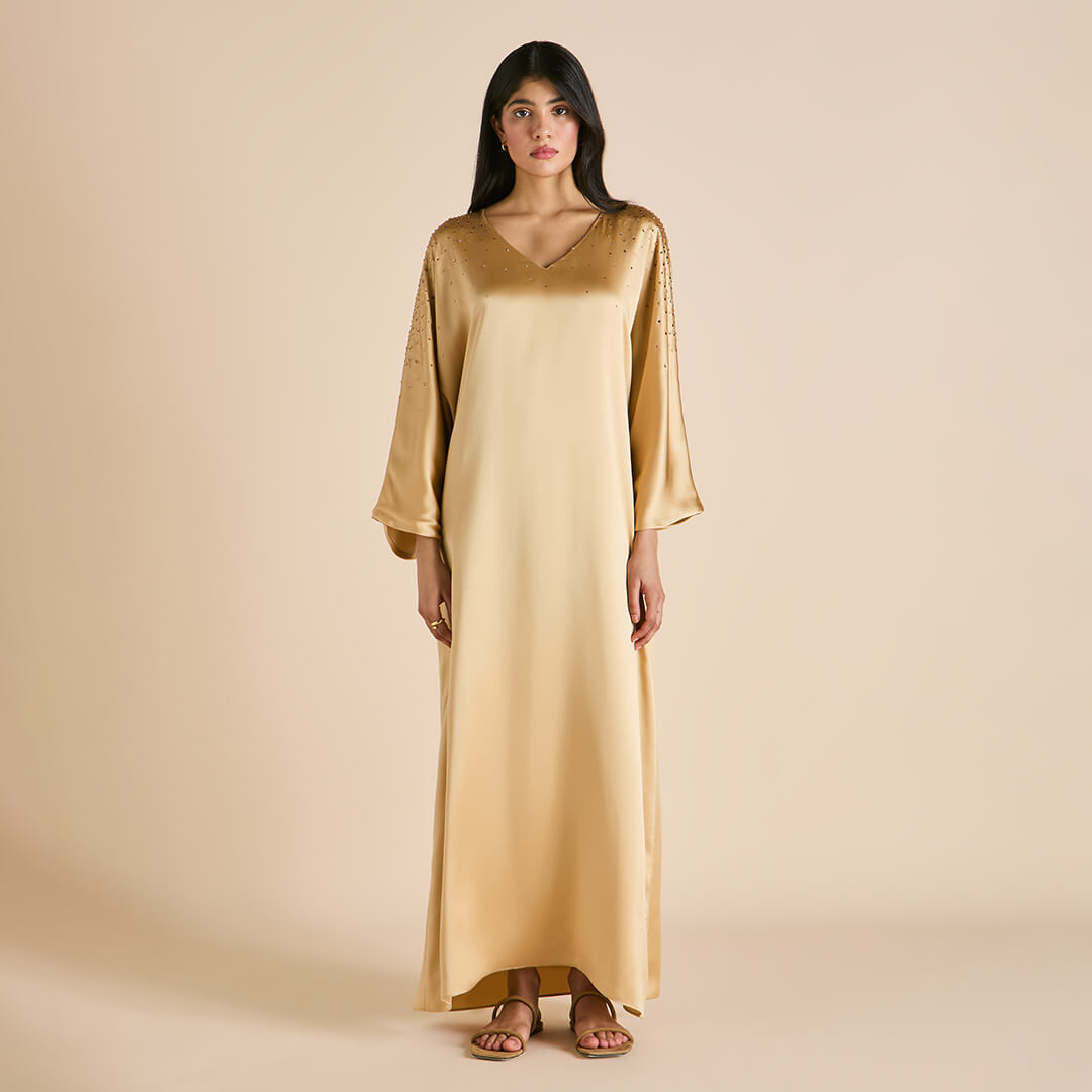 Vreeland Lune Caramel Embellished Dress in Silk Satin